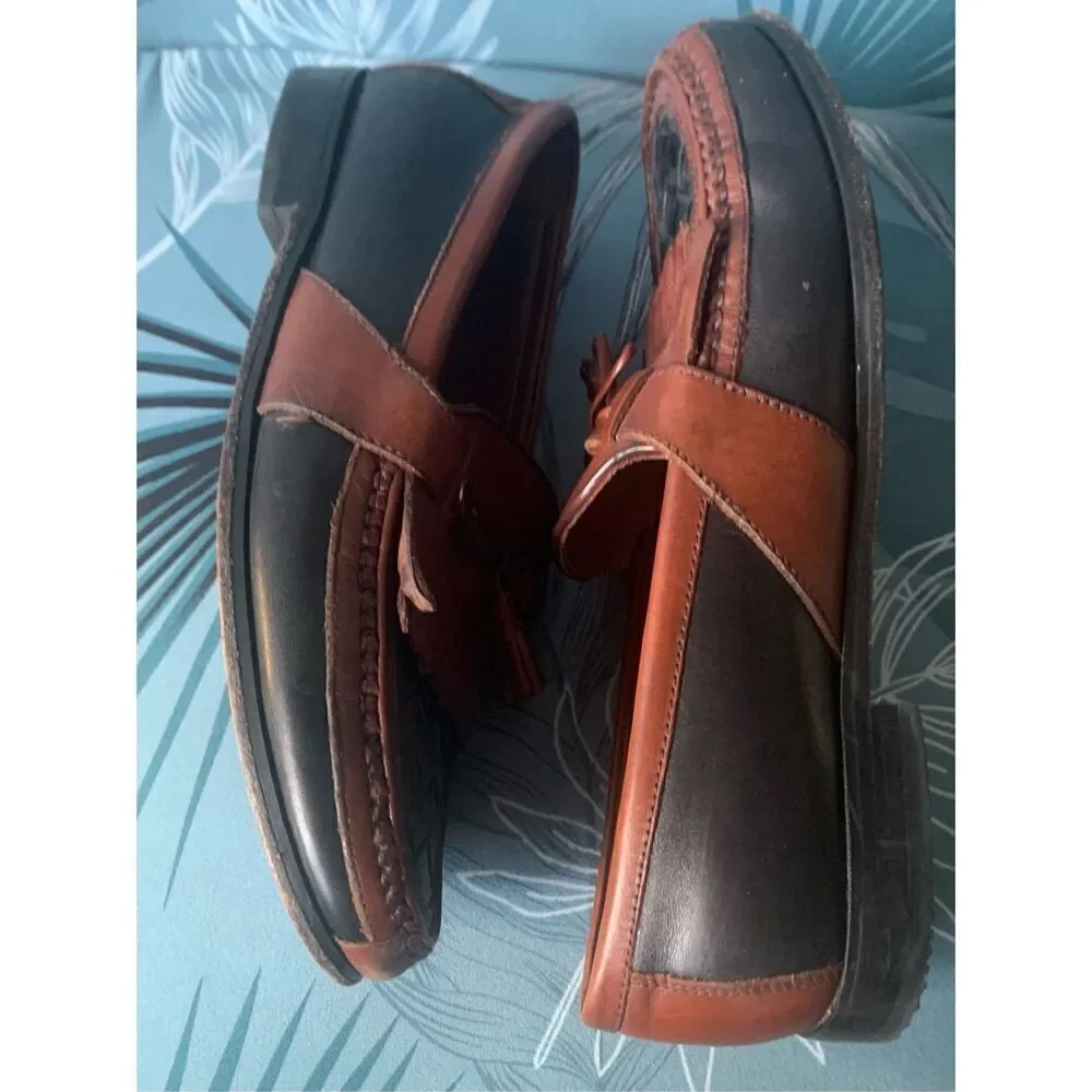 Johnston & Murphy Black Brown woven HALSEY TASSLE Leather Dress Shoes mens 12 WI